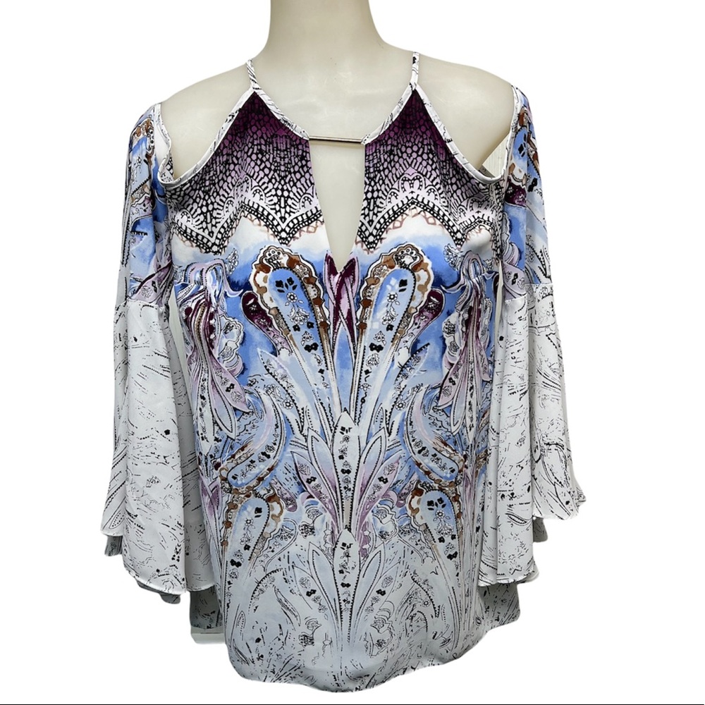 WHITE HOUSE BLACK MARKET Blouse Big Bell Sleeves Cold Shoulder Lined Top…